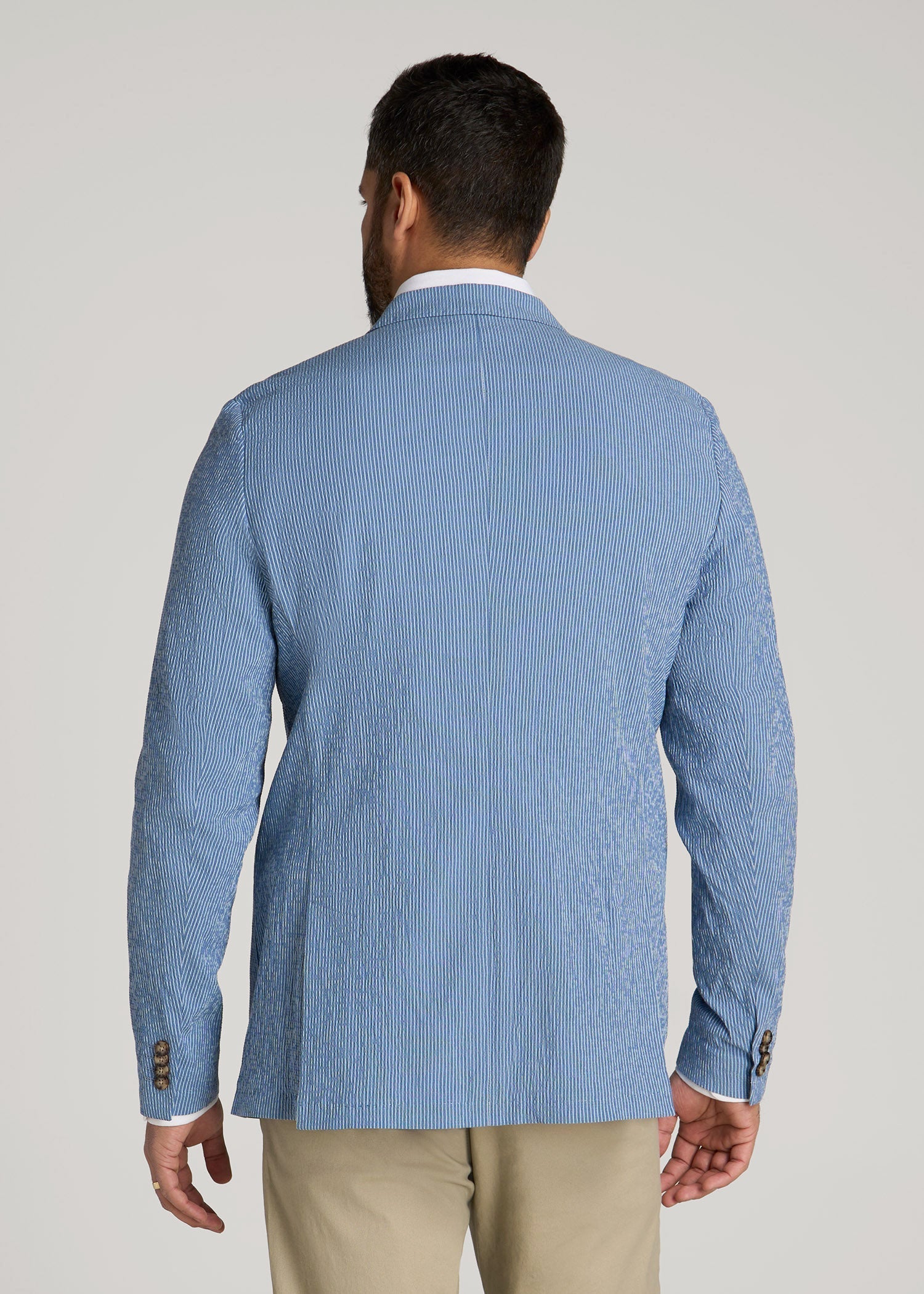 American Tall Men Stretch Seersucker Blazer for Tall Men in Tonal Blue Stripe