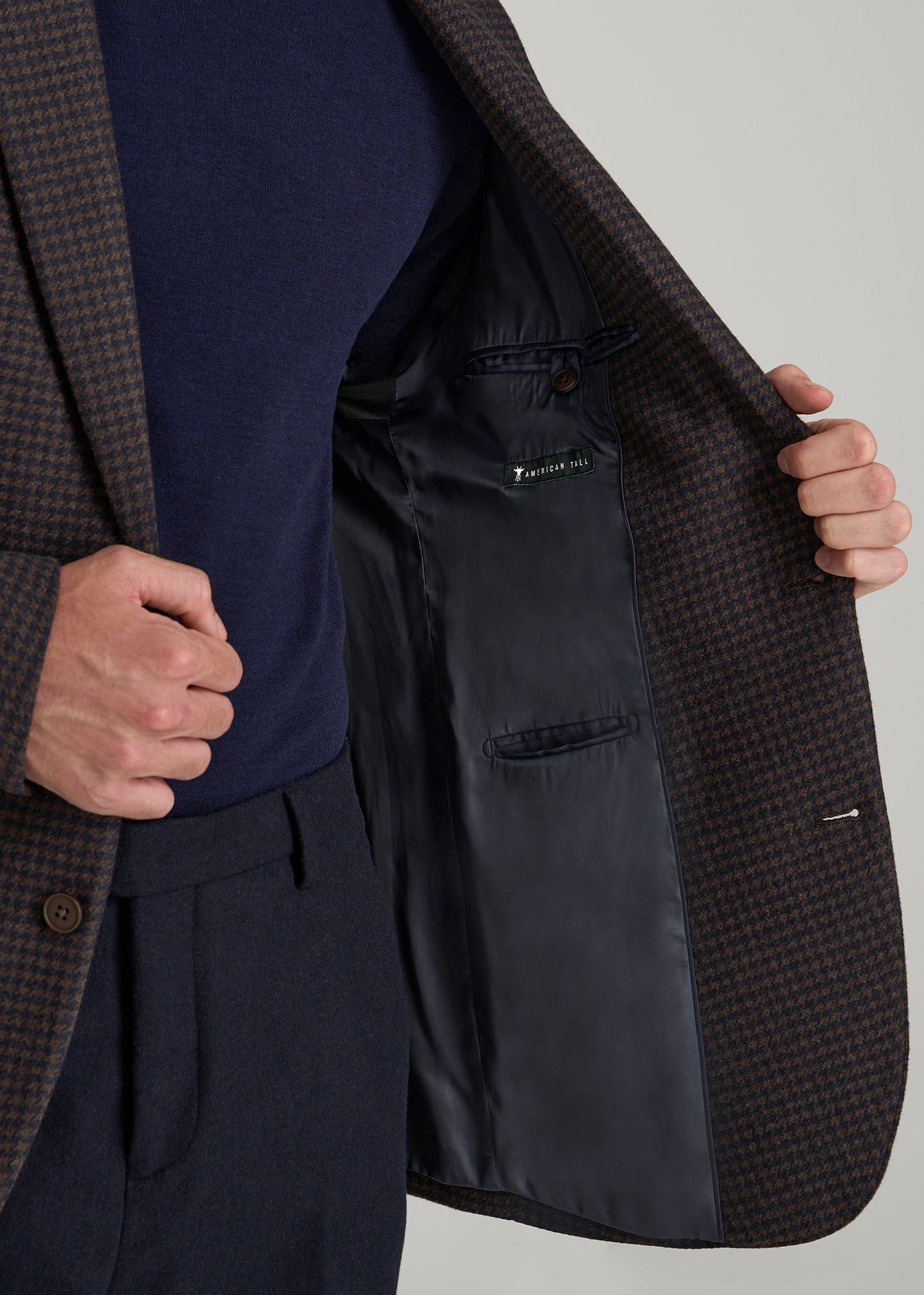 American Tall Men Wool Blend Blazer for Tall Men in Indigo and Brown Houndstooth