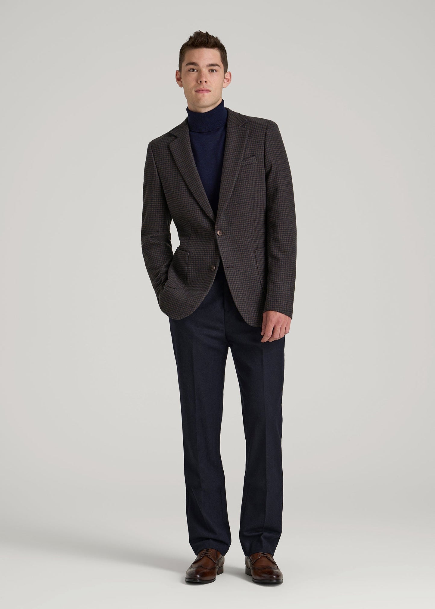 American Tall Men Wool Blend Blazer for Tall Men in Indigo and Brown Houndstooth