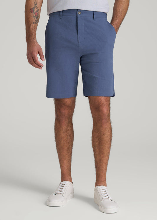 American Tall Men Seersucker Shorts for Tall Men in Steel Blue