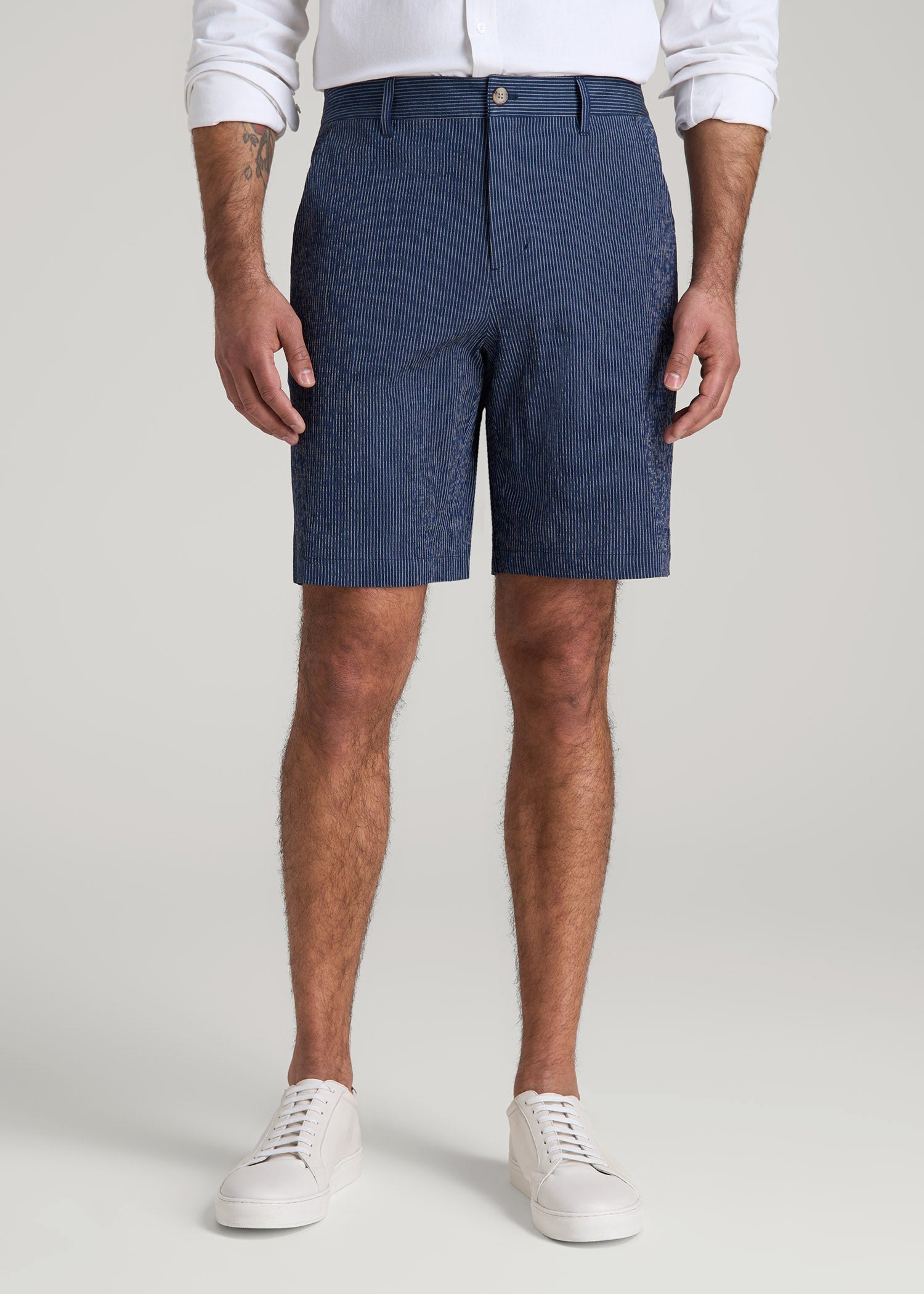 American Tall Men Seersucker Shorts for Tall Men in Navy and Off White Stripe