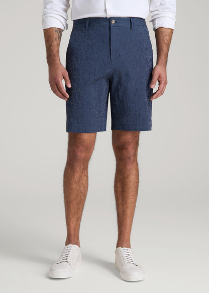 American Tall Men Seersucker Shorts for Tall Men in Navy and Off White Stripe