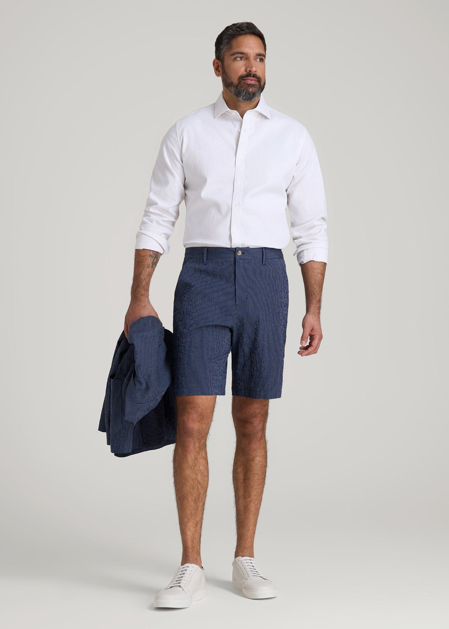 American Tall Men Seersucker Shorts for Tall Men in Navy and Off White Stripe