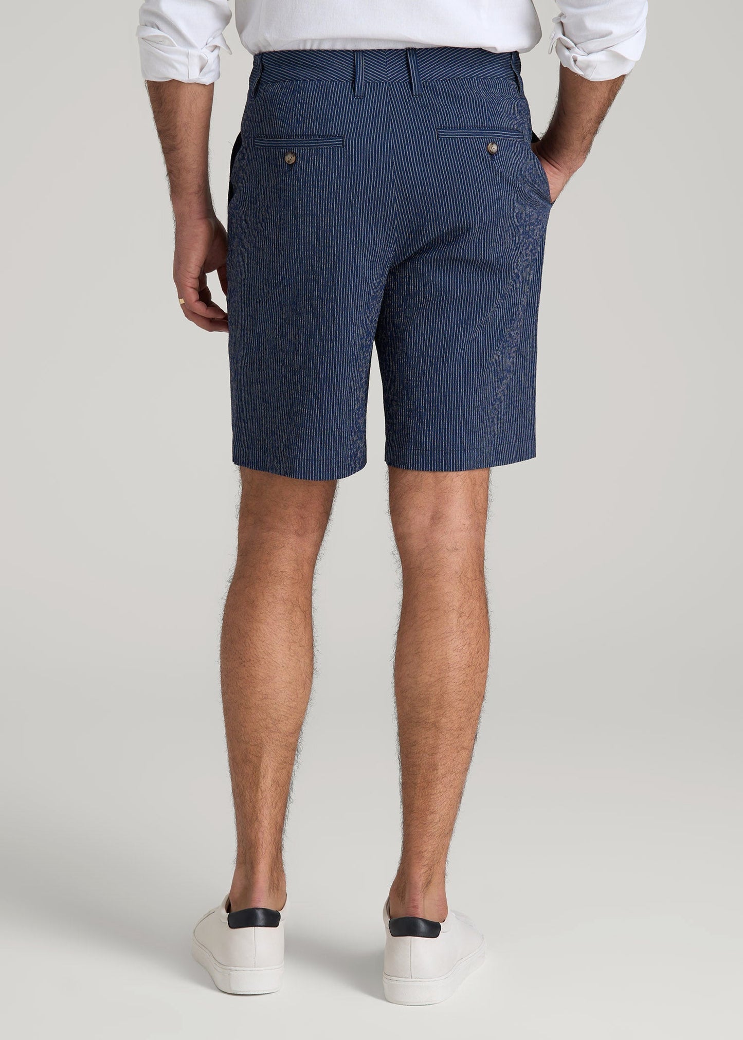 American Tall Men Seersucker Shorts for Tall Men in Navy and Off White Stripe