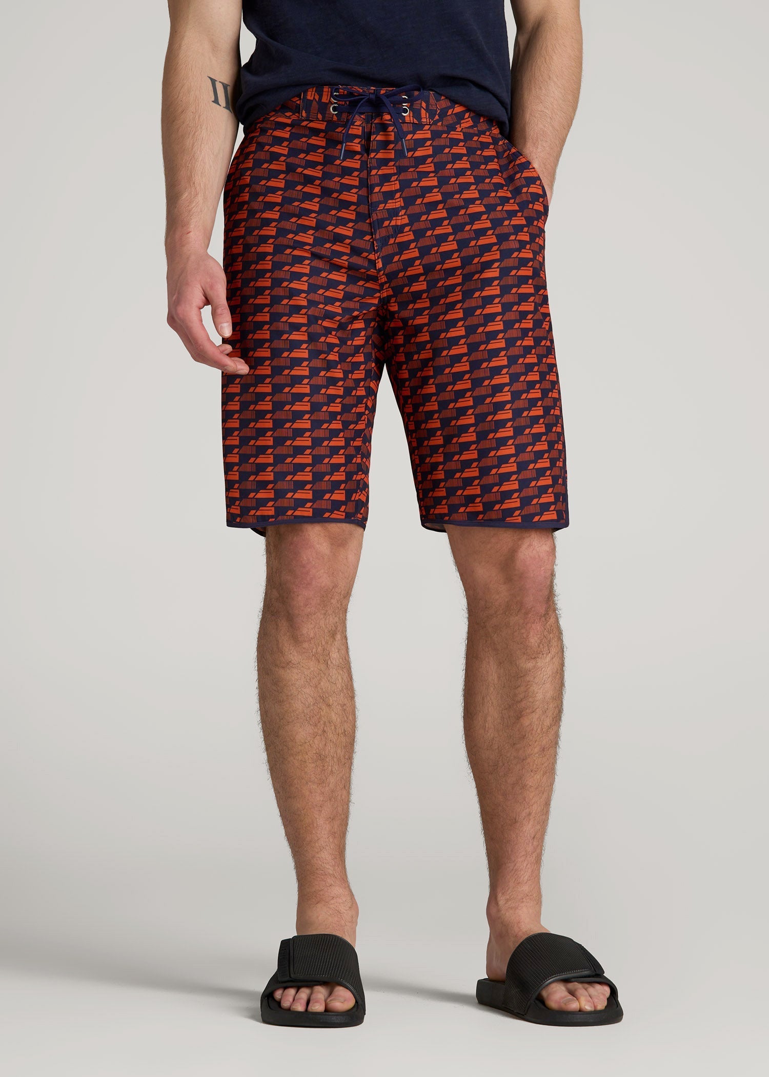 American Tall Men Hi-Tide Scallop Board Shorts for Tall Men in Bright Orange Geometric
