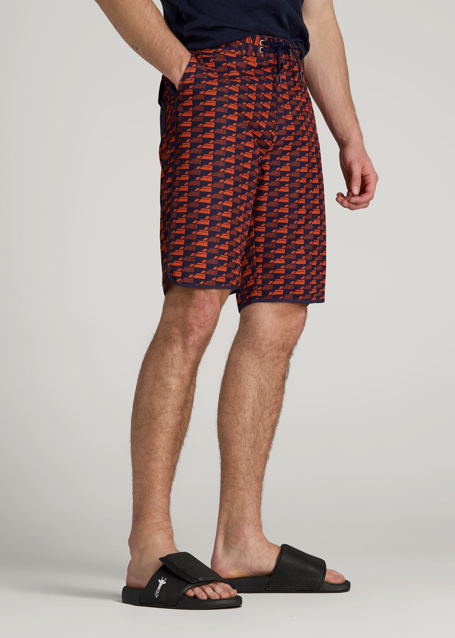 American Tall Men Hi-Tide Scallop Board Shorts for Tall Men in Bright Orange Geometric