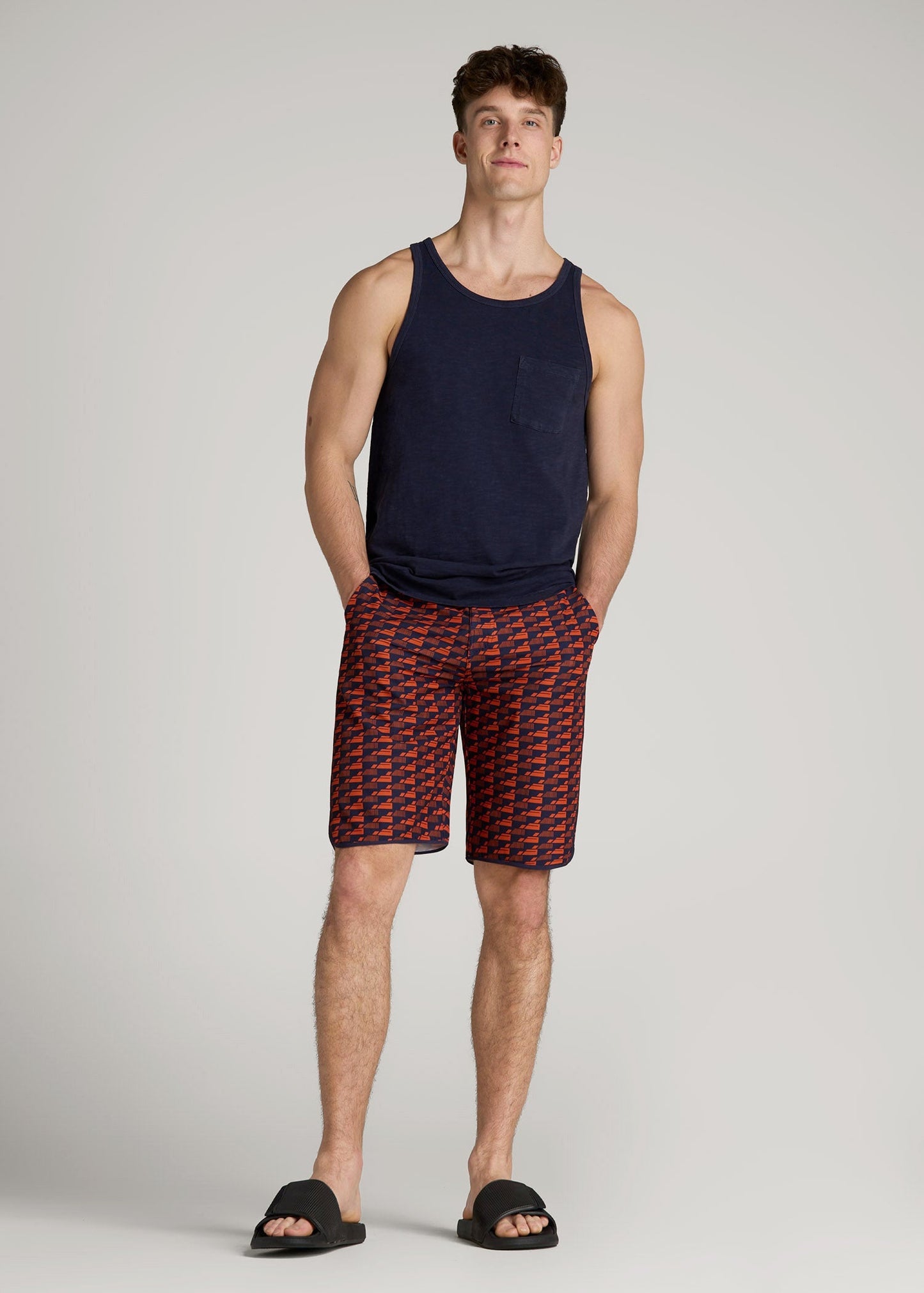 American Tall Men Hi-Tide Scallop Board Shorts for Tall Men in Bright Orange Geometric