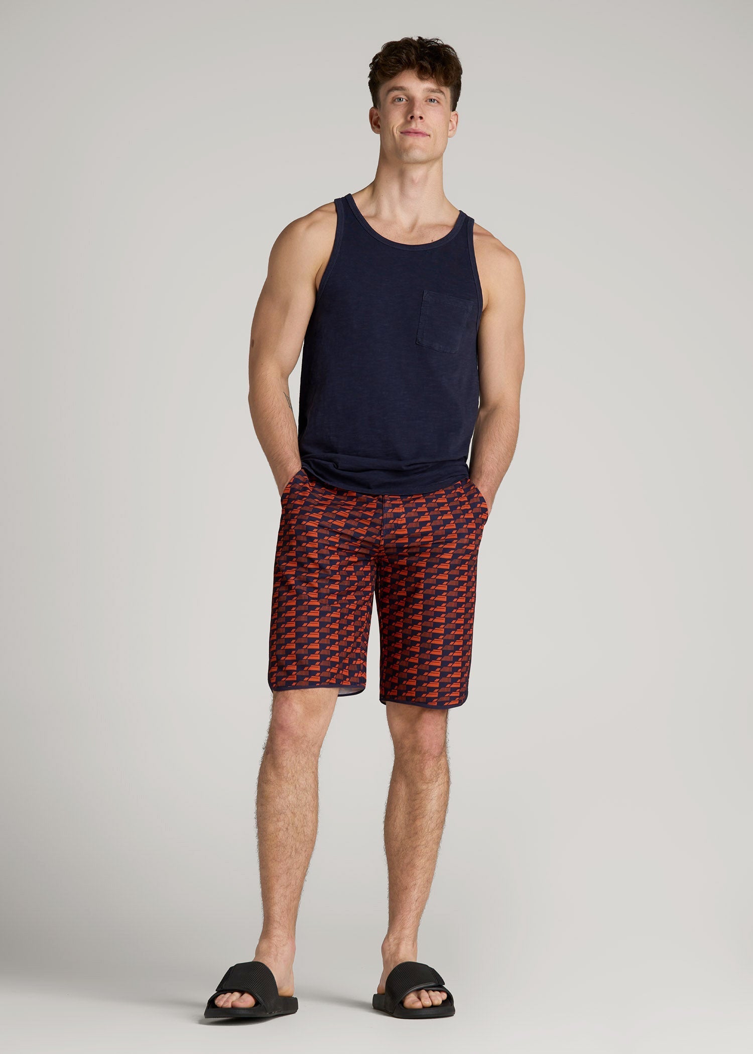 American Tall Men Hi-Tide Scallop Board Shorts for Tall Men in Bright Orange Geometric