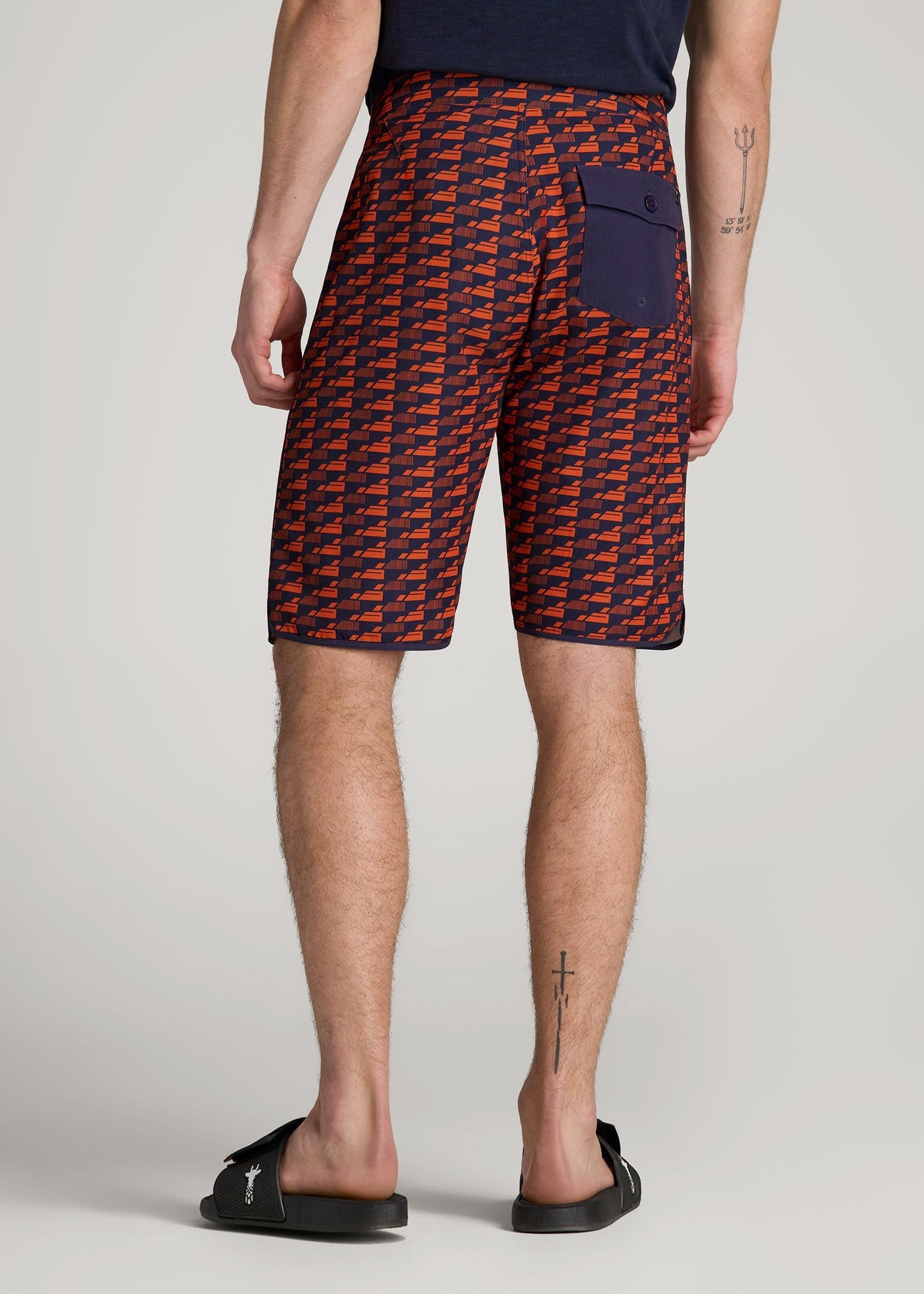 American Tall Men Hi-Tide Scallop Board Shorts for Tall Men in Bright Orange Geometric