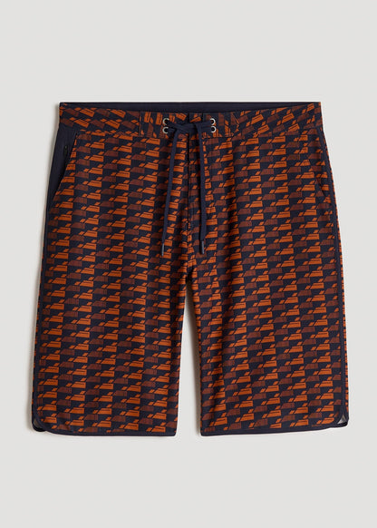 American Tall Men Hi-Tide Scallop Board Shorts for Tall Men in Bright Orange Geometric