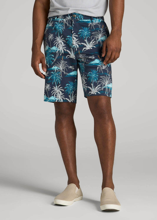 American Tall Men Printed Stretch Cotton Shorts for Tall Men in Blue and White Palms