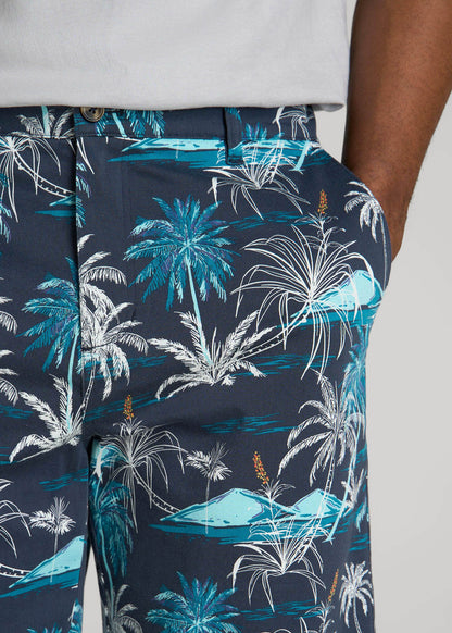 American Tall Men Printed Stretch Cotton Shorts for Tall Men in Blue and White Palms