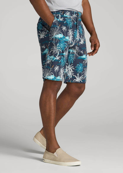 American Tall Men Printed Stretch Cotton Shorts for Tall Men in Blue and White Palms