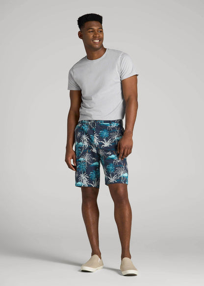 American Tall Men Printed Stretch Cotton Shorts for Tall Men in Blue and White Palms