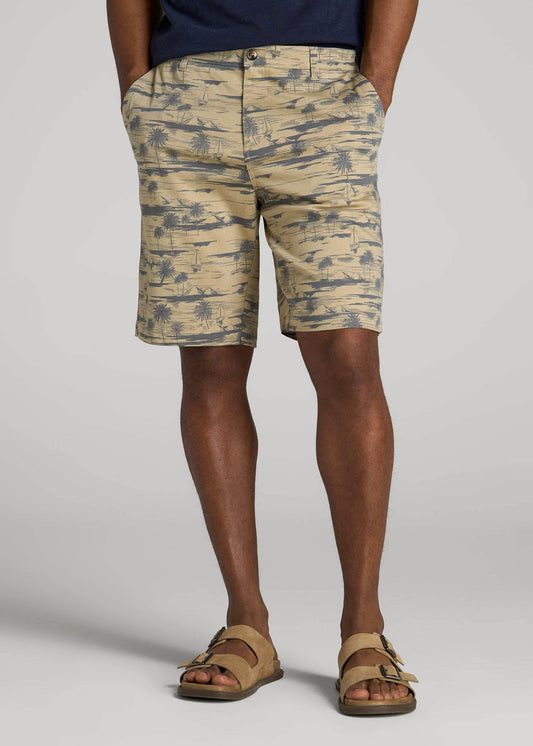 American Tall Men Printed Stretch Cotton Shorts for Tall Men in Grey Oceanic Print