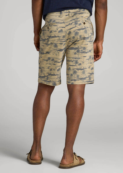 American Tall Men Printed Stretch Cotton Shorts for Tall Men in Grey Oceanic Print