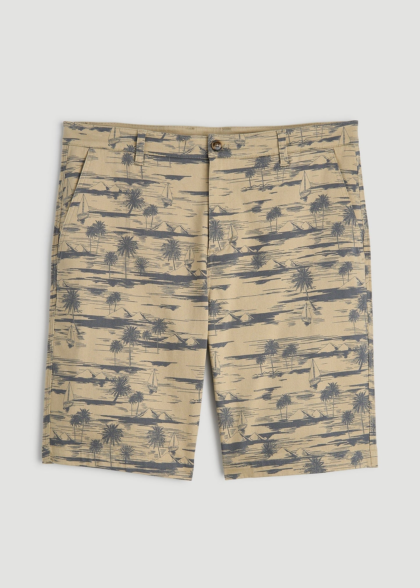 American Tall Men Printed Stretch Cotton Shorts for Tall Men in Grey Oceanic Print