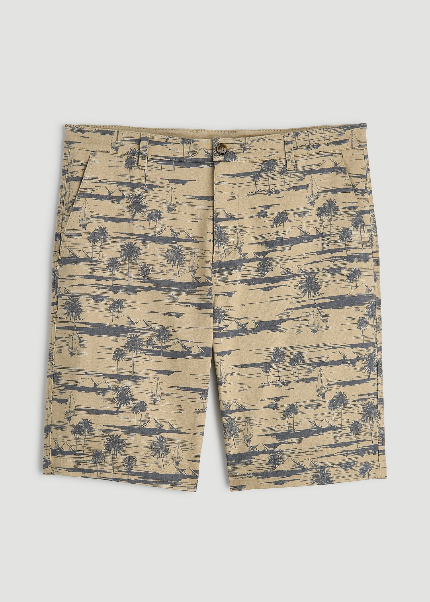 American Tall Men Printed Stretch Cotton Shorts for Tall Men in Grey Oceanic Print