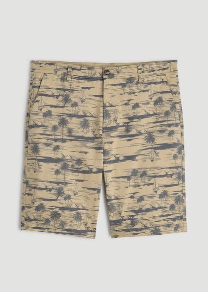 American Tall Men Printed Stretch Cotton Shorts for Tall Men in Grey Oceanic Print