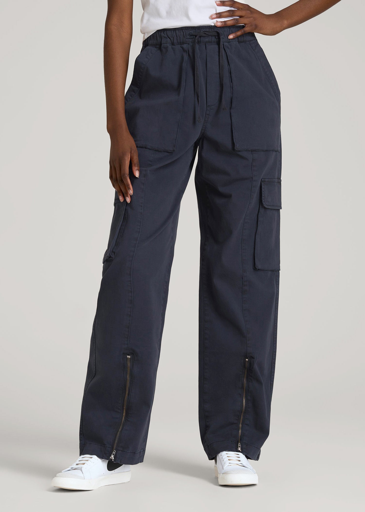 American Tall Men|Women High Rise Garment Dyed Baggy Cargo Pants for Tall Women in Deep Navy