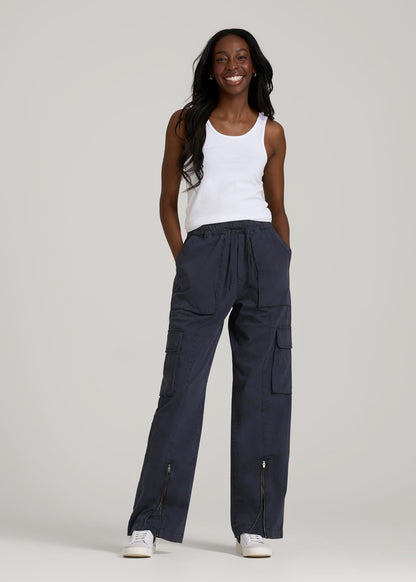 American Tall Men|Women High Rise Garment Dyed Baggy Cargo Pants for Tall Women in Deep Navy