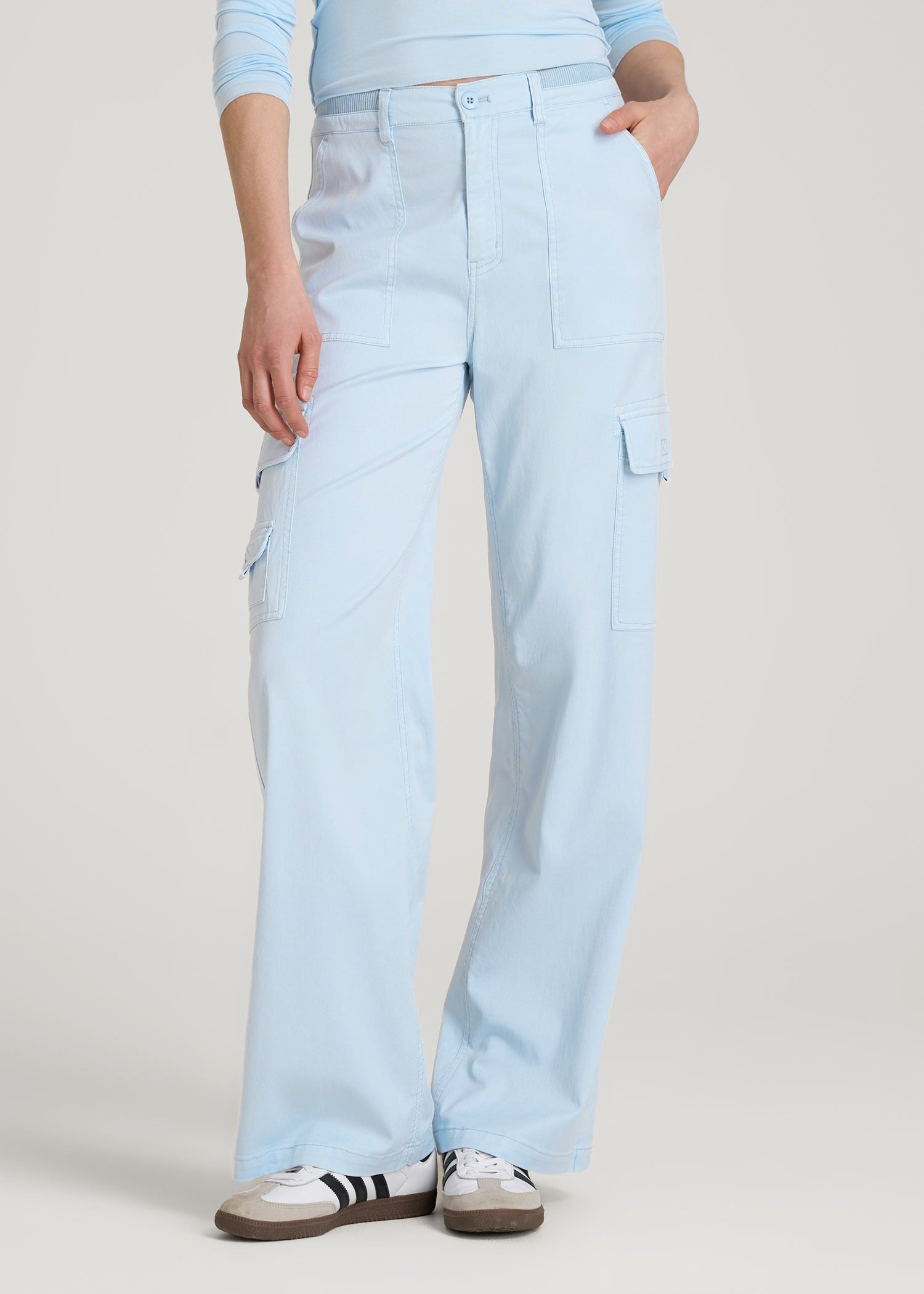 American Tall Men|Women Garment Dyed Wide Leg Cargo Pants for Tall Women in Ice Blue