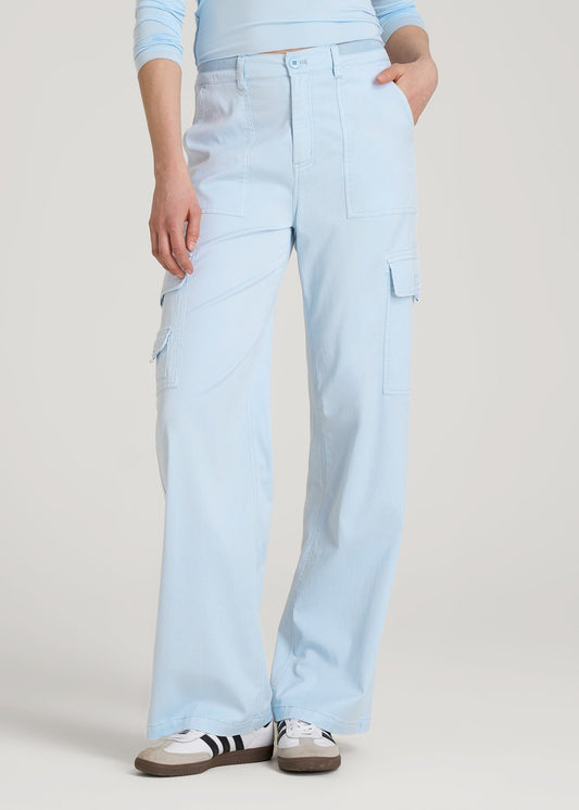 American Tall Men|Women Garment Dyed Wide Leg Cargo Pants for Tall Women in Ice Blue