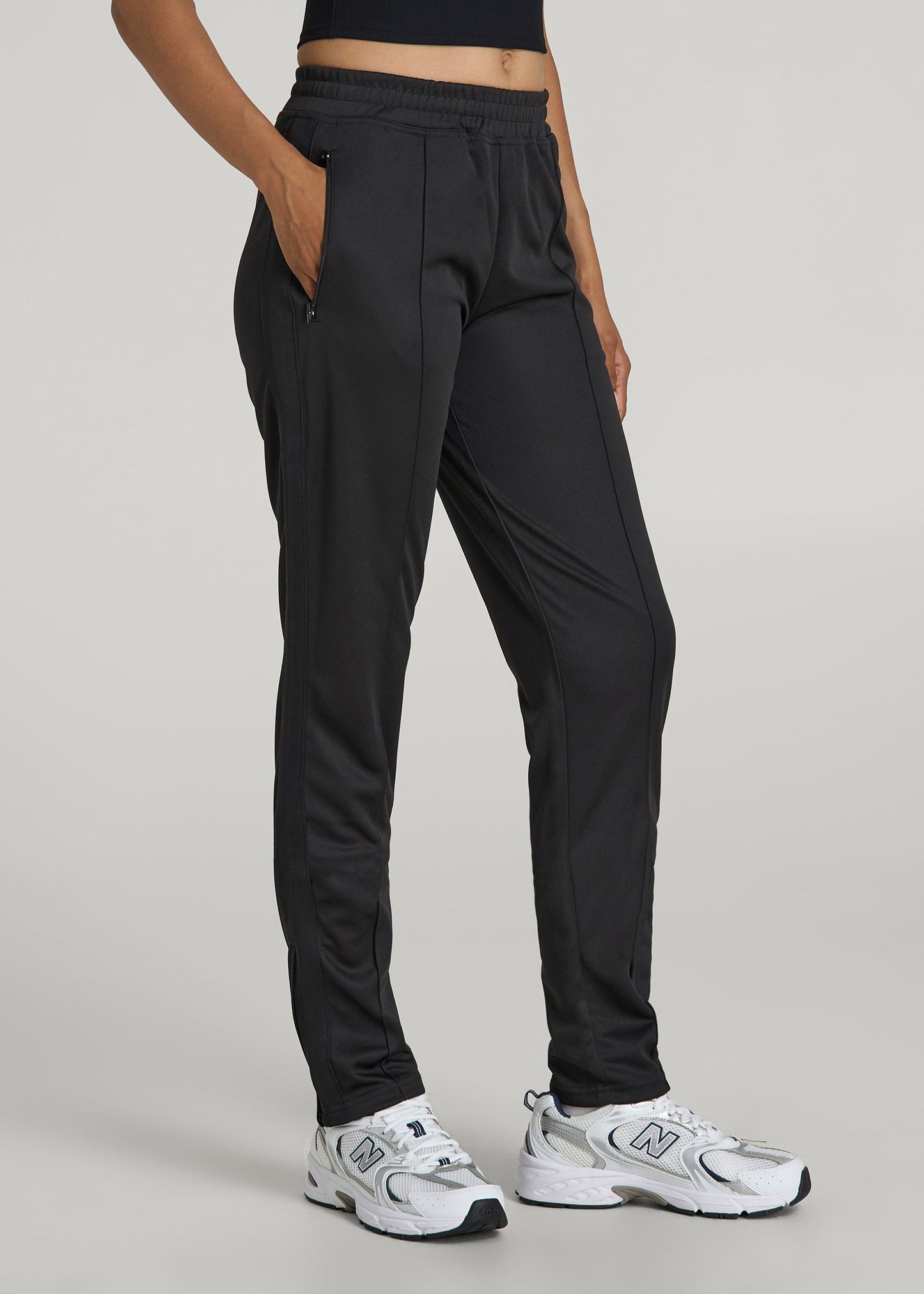 American Tall Women Ultra Lightweight Tricot Athletic Stripe Pants for Tall Women in Black And Black