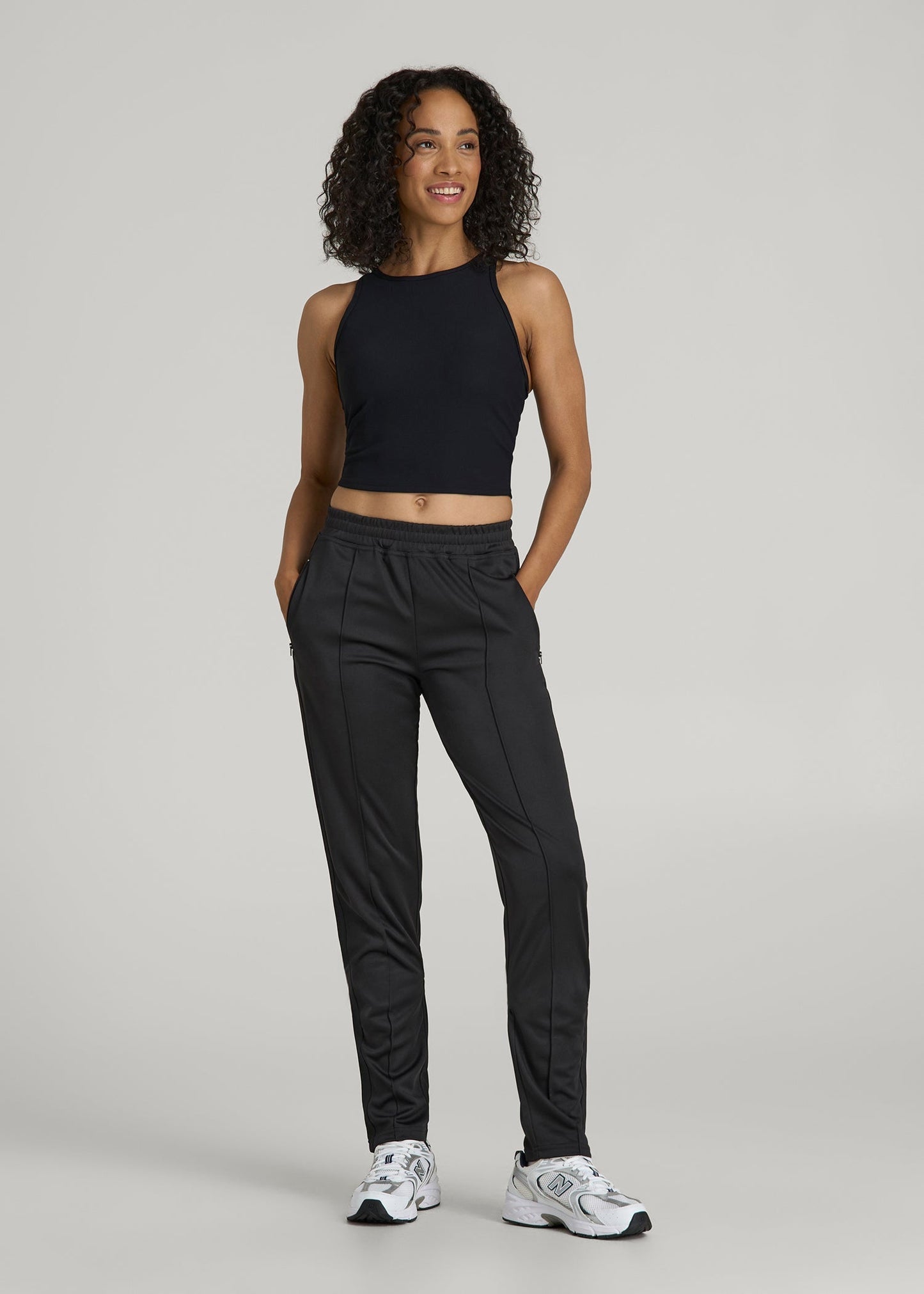 American Tall Women Ultra Lightweight Tricot Athletic Stripe Pants for Tall Women in Black And Black