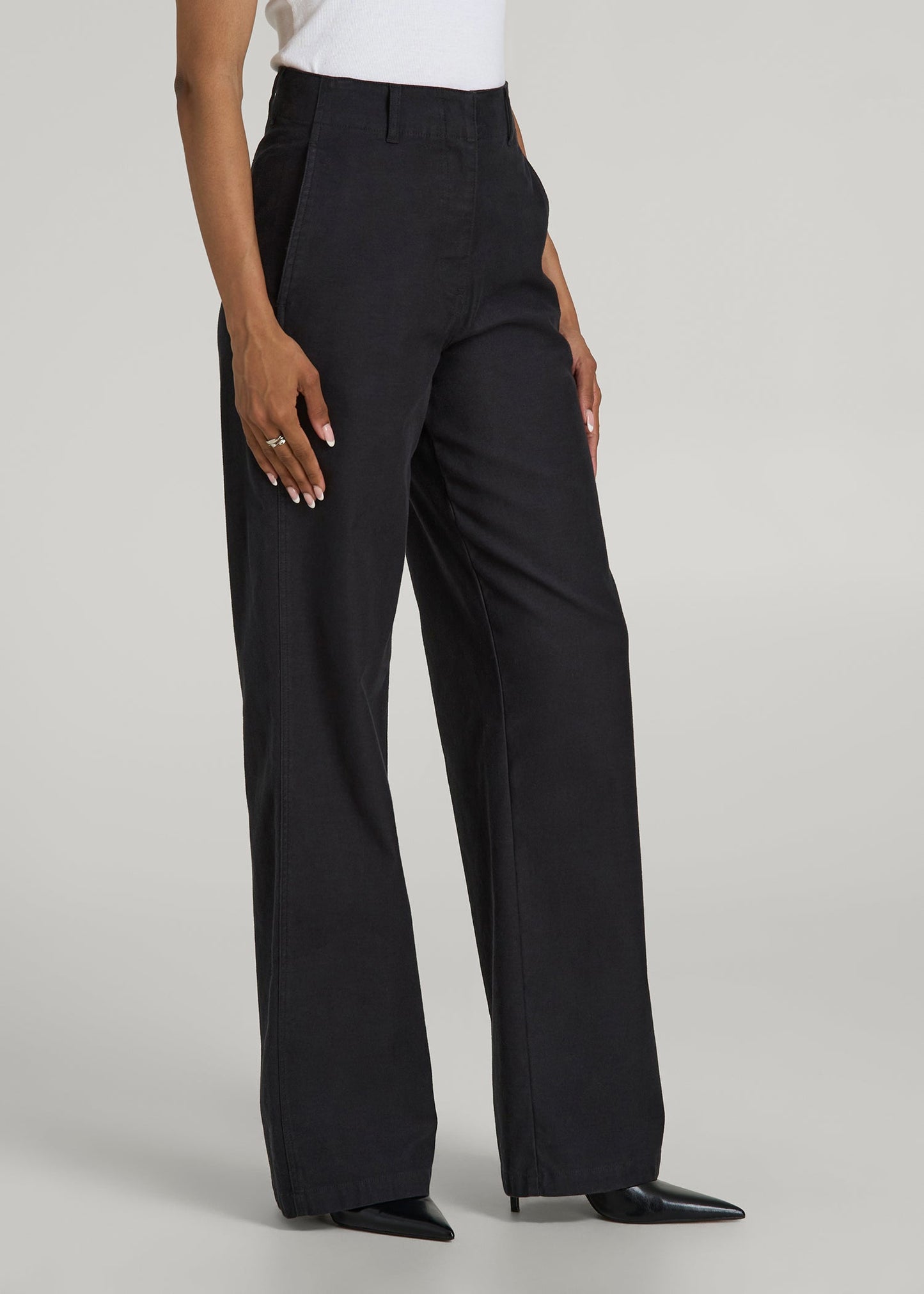 American Tall Women High Rise Wide Leg Flat Front Chinos for Tall Women in Black