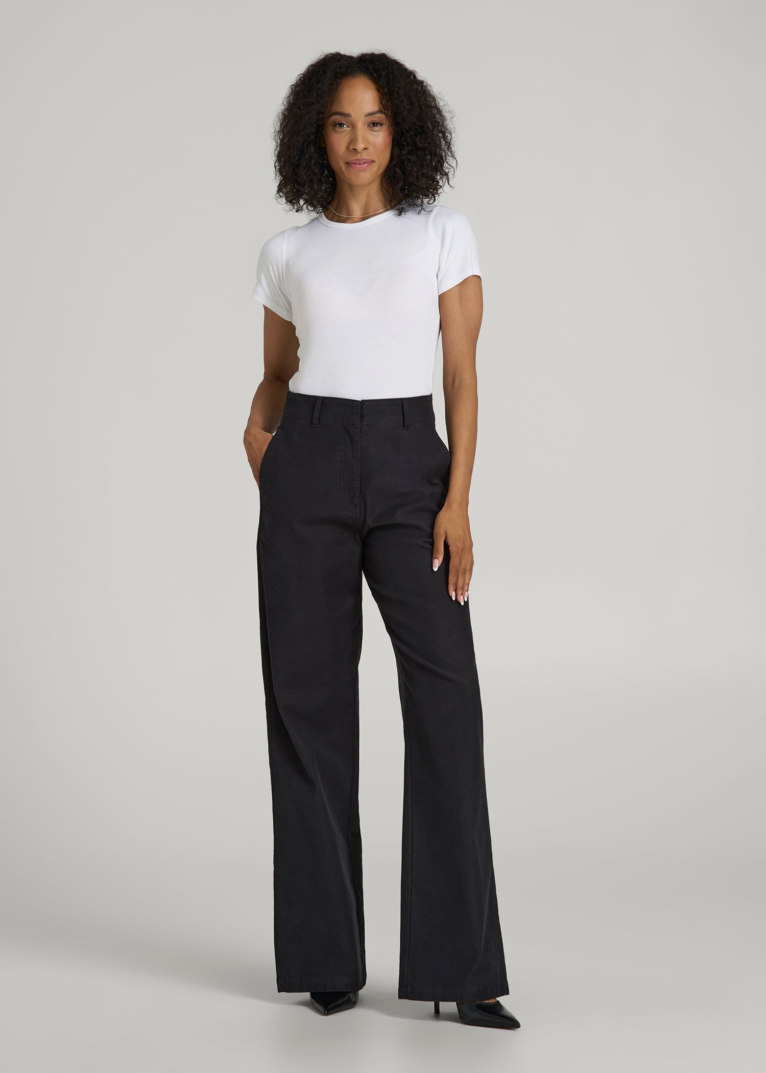 American Tall Women High Rise Wide Leg Flat Front Chinos for Tall Women in Black