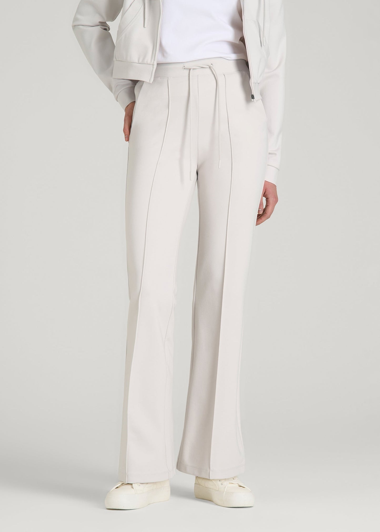 American Tall Women Soft Flex Ponte Flare Pants with Drawcord for Tall Women in White Sand