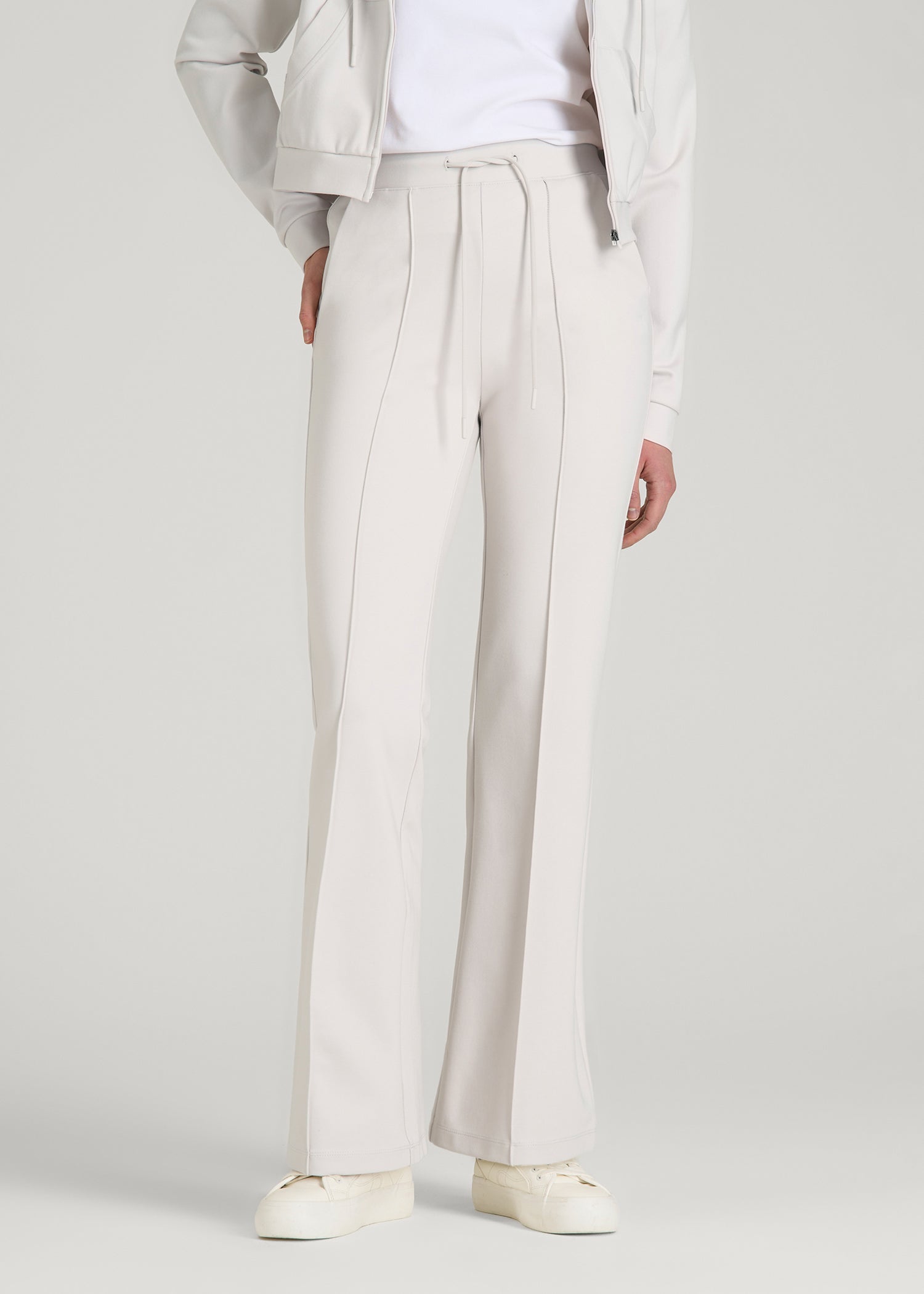 American Tall Women Soft Flex Ponte Flare Pants with Drawcord for Tall Women in White Sand