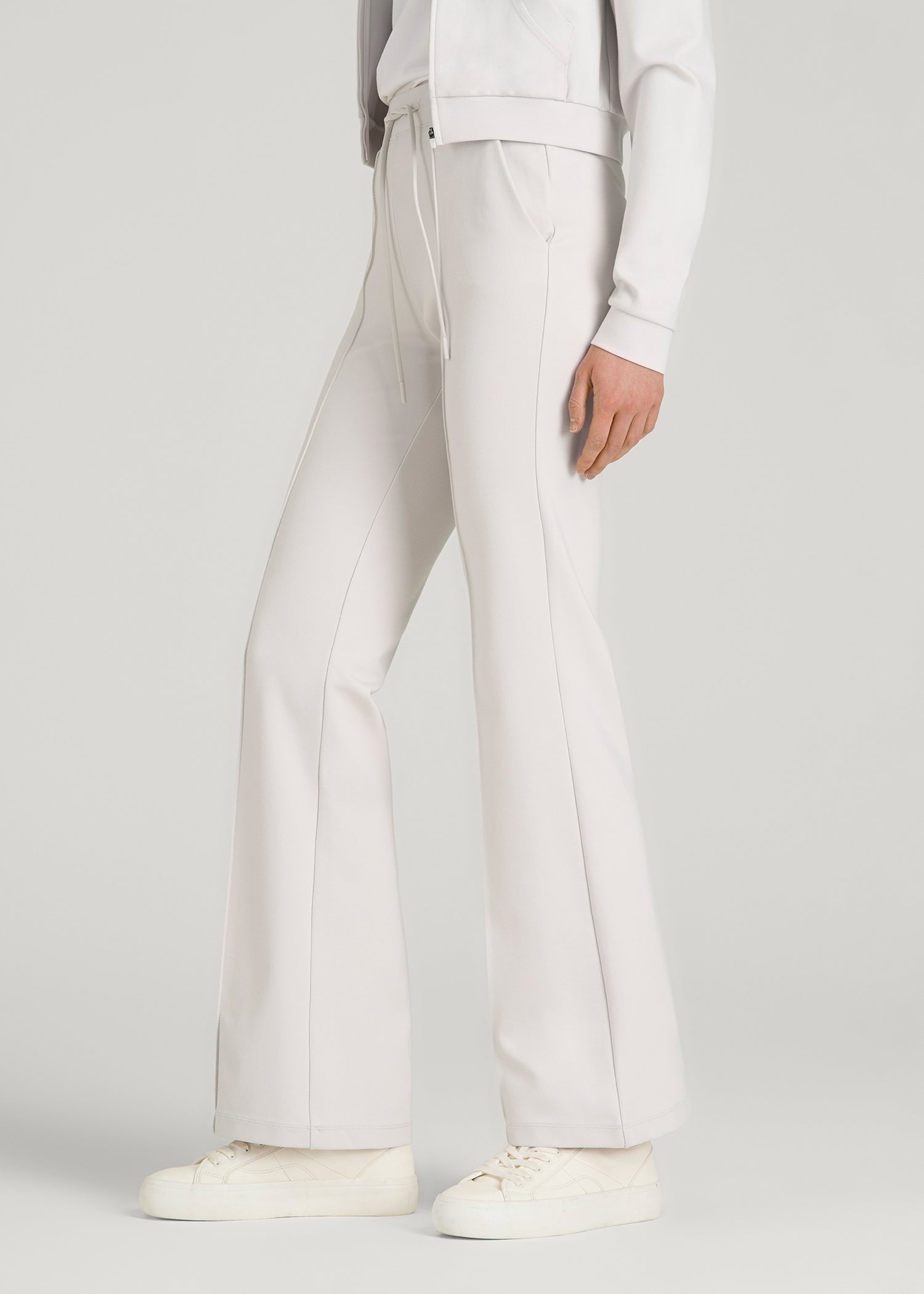 American Tall Women Soft Flex Ponte Flare Pants with Drawcord for Tall Women in White Sand