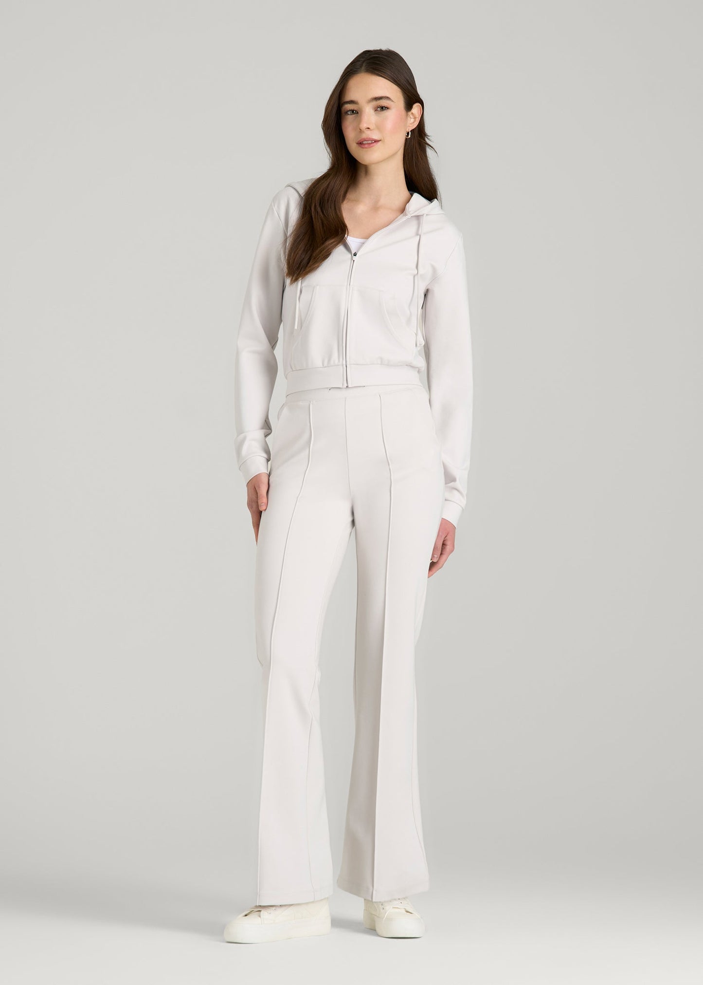 American Tall Women Soft Flex Ponte Flare Pants with Drawcord for Tall Women in White Sand