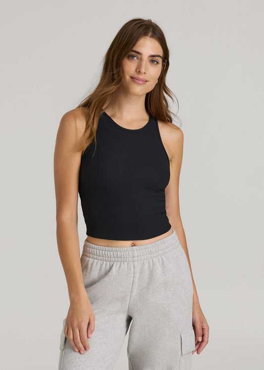 American Tall Women Cropped Ribbed Tank Top for Tall Women in Black