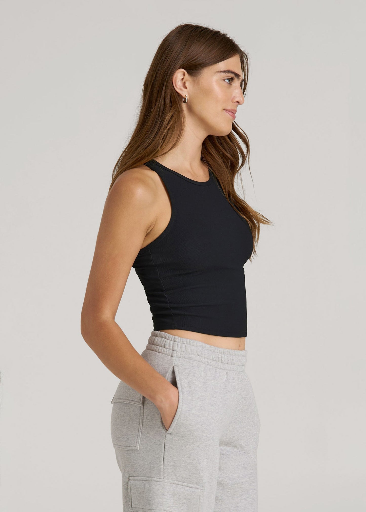 American Tall Women Cropped Ribbed Tank Top for Tall Women in Black