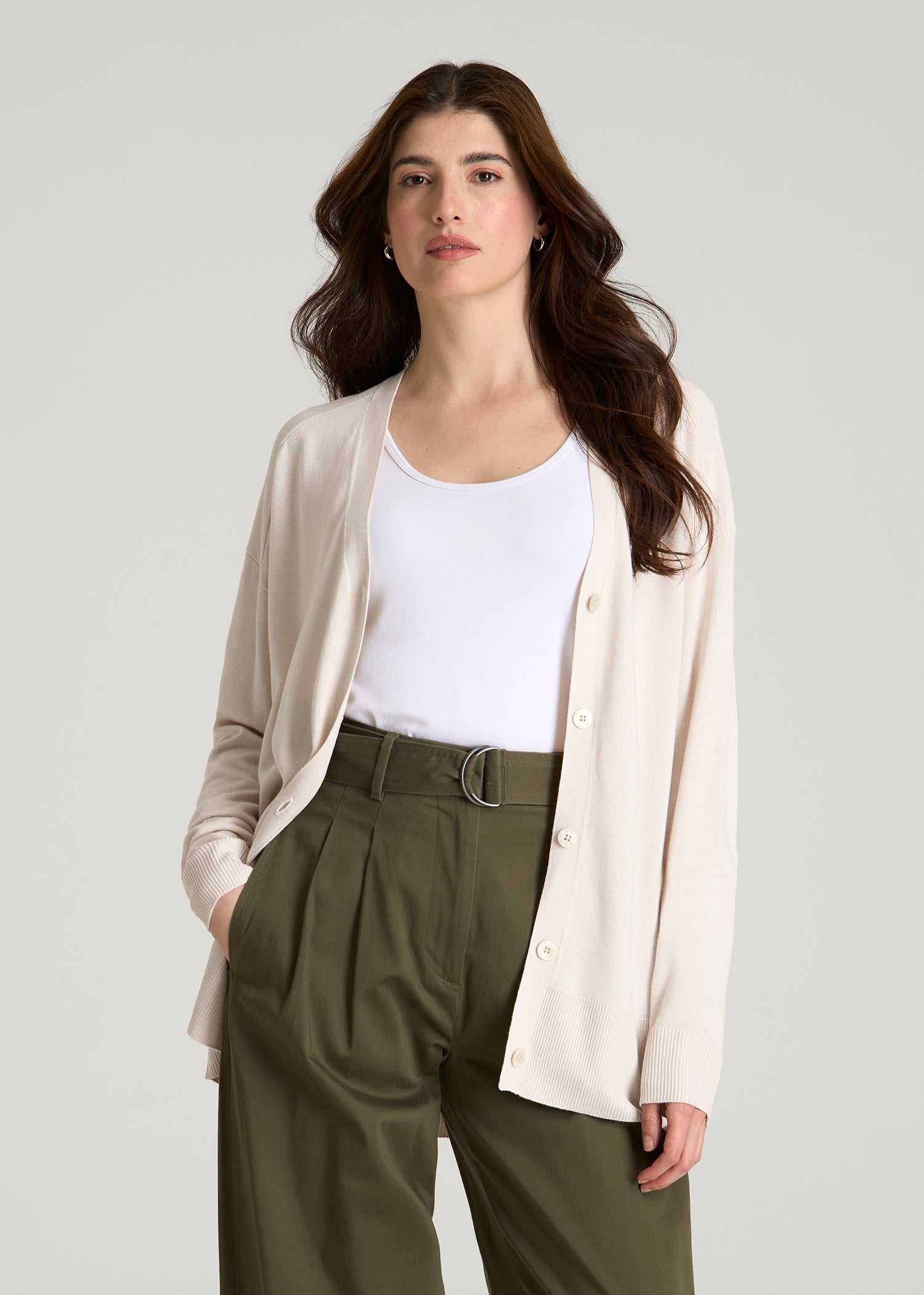 American Tall Women Linen Blend Knit Cardigan for Tall Women in White Sand