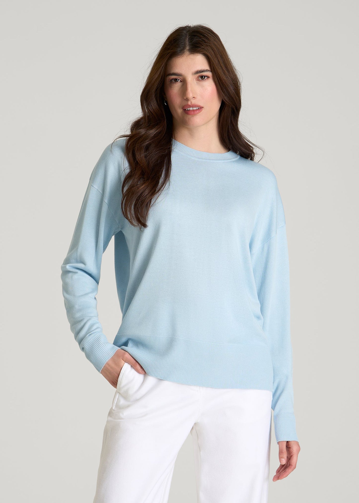 American Tall Women Linen Blend Knit Crewneck for Tall Women in Ice Blue