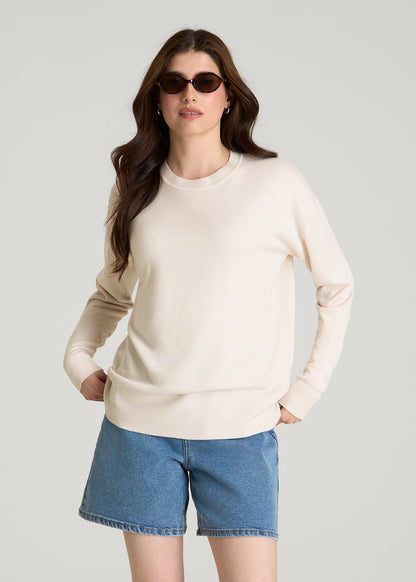 American Tall Women Linen Blend Knit Crewneck for Tall Women in White Sand