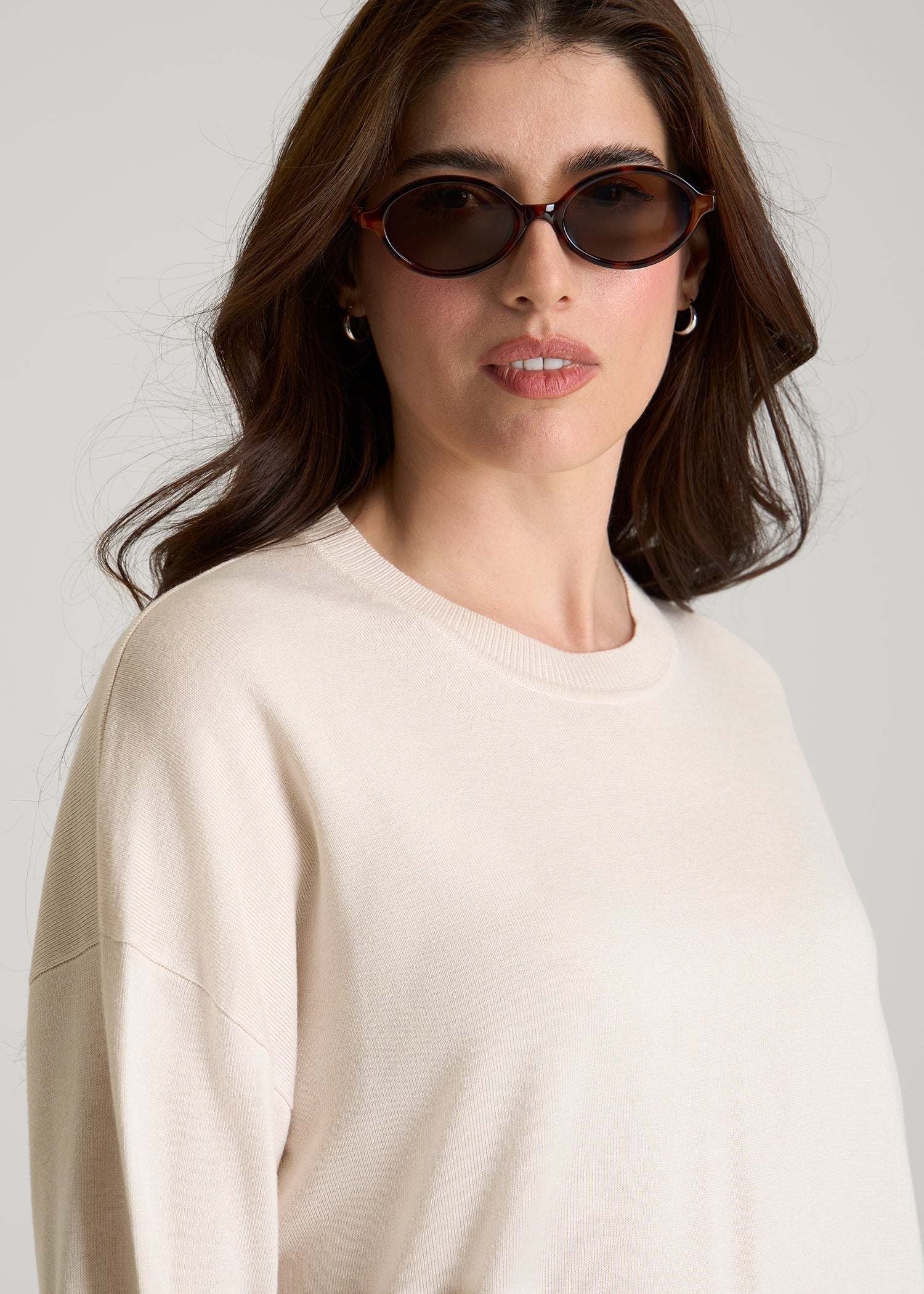 American Tall Women Linen Blend Knit Crewneck for Tall Women in White Sand