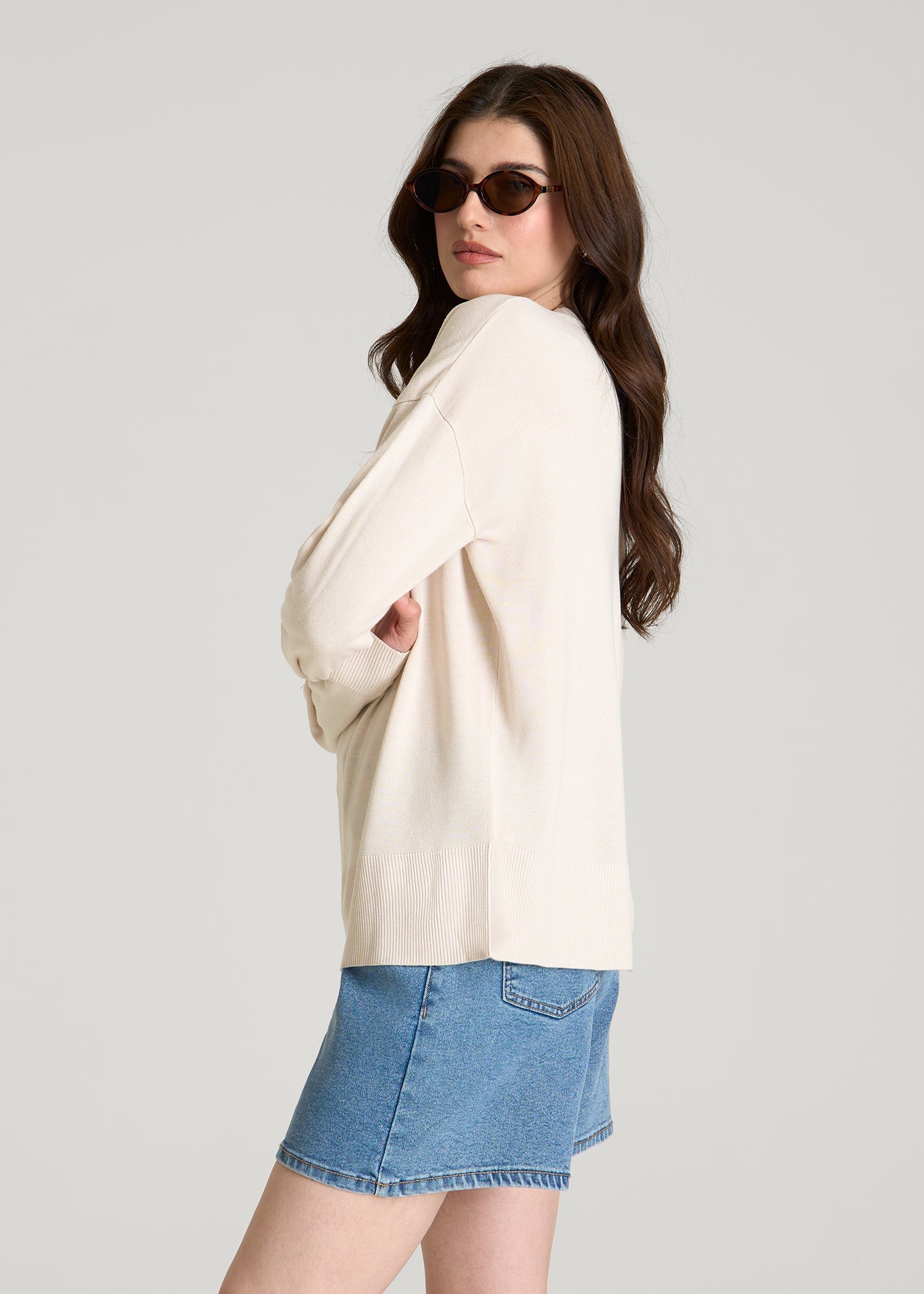 American Tall Women Linen Blend Knit Crewneck for Tall Women in White Sand