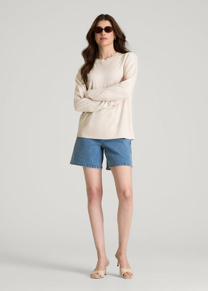 American Tall Women Linen Blend Knit Crewneck for Tall Women in White Sand