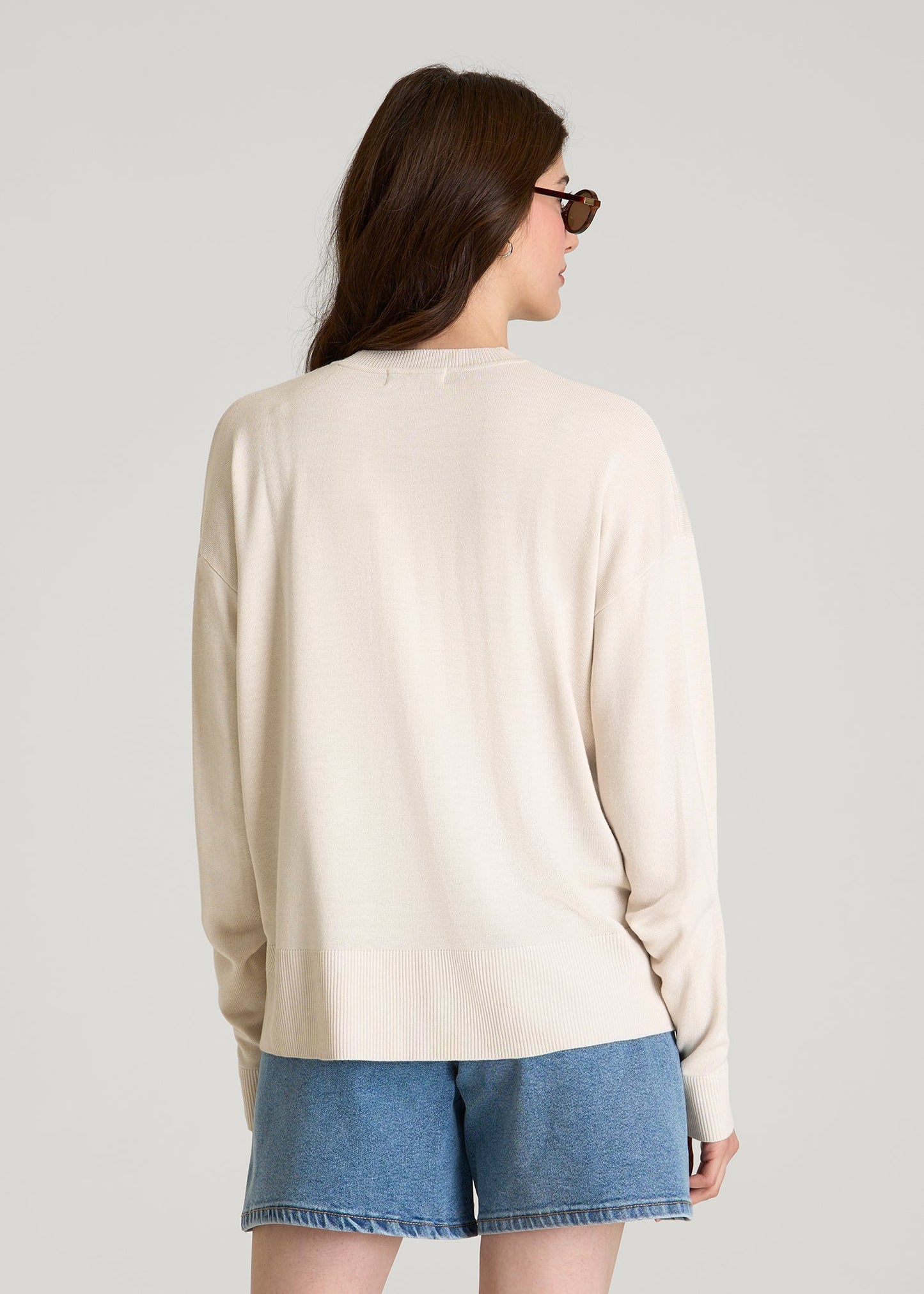 American Tall Women Linen Blend Knit Crewneck for Tall Women in White Sand