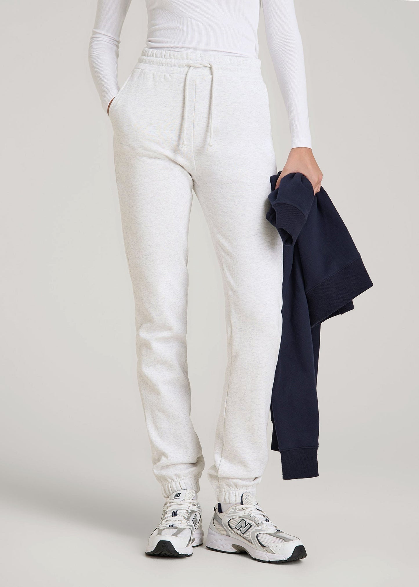 American Tall Women Wearever Fleece Slim Fit High-Waisted Garment Dye Sweatpants for Tall Women in Heather Cloud White