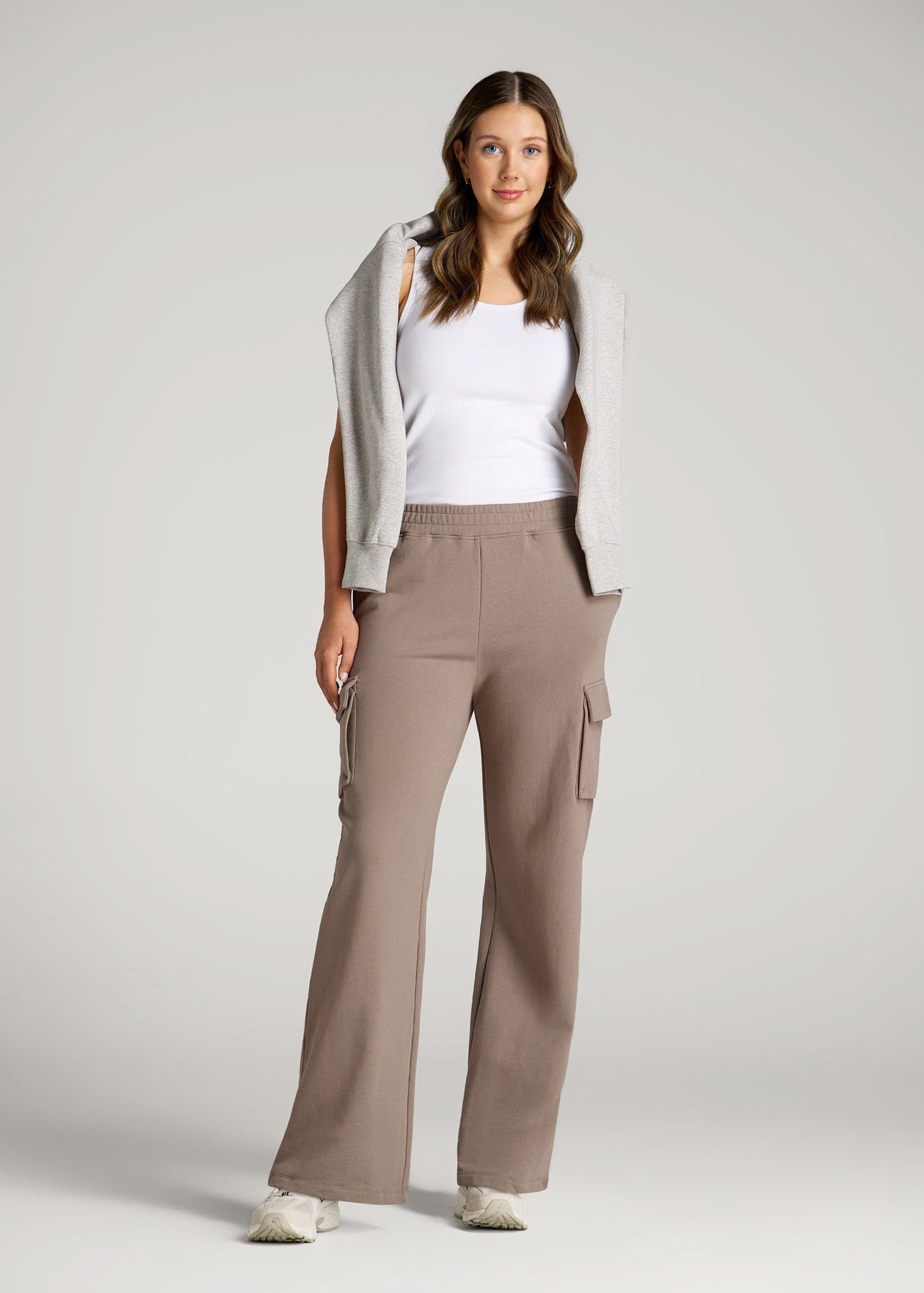 American Tall Women|Men French Terry Wide Leg Cargo Sweatpants for Tall Women in Portobello