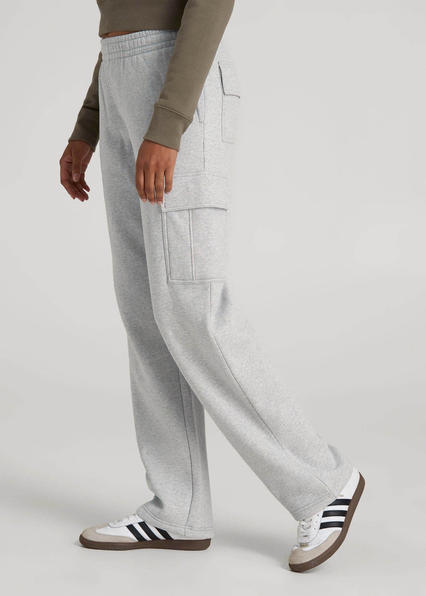 American Tall Women|Men Mid Rise Cargo Fleece Sweatpants for Tall Women in Grey Mix