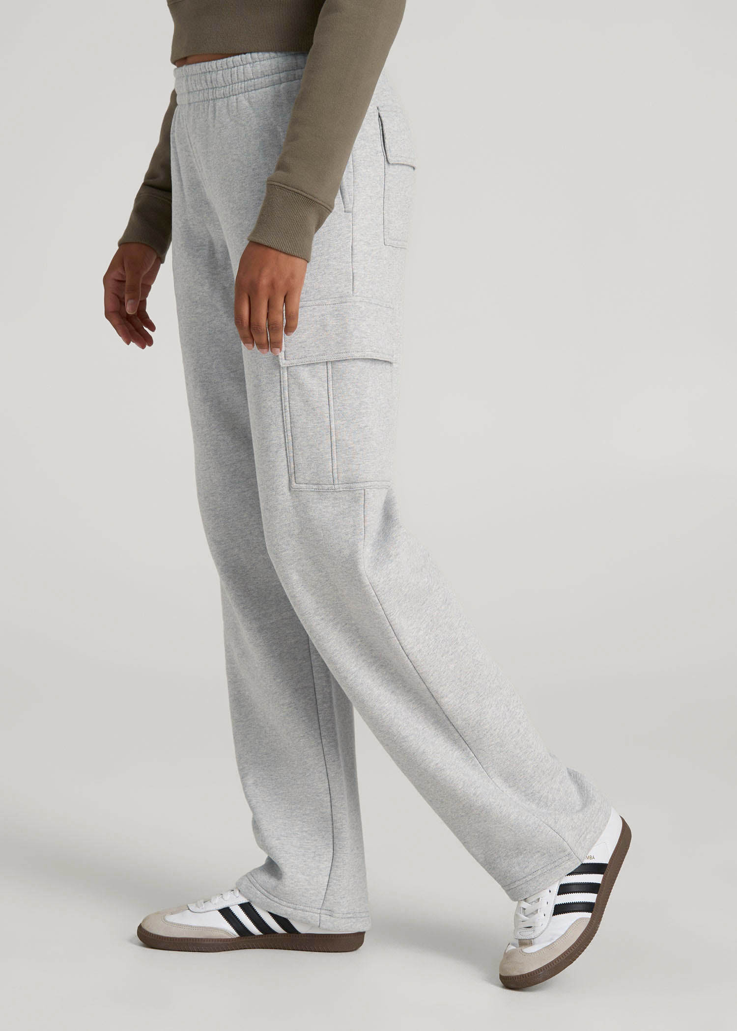 American Tall Women|Men Mid Rise Cargo Fleece Sweatpants for Tall Women in Grey Mix