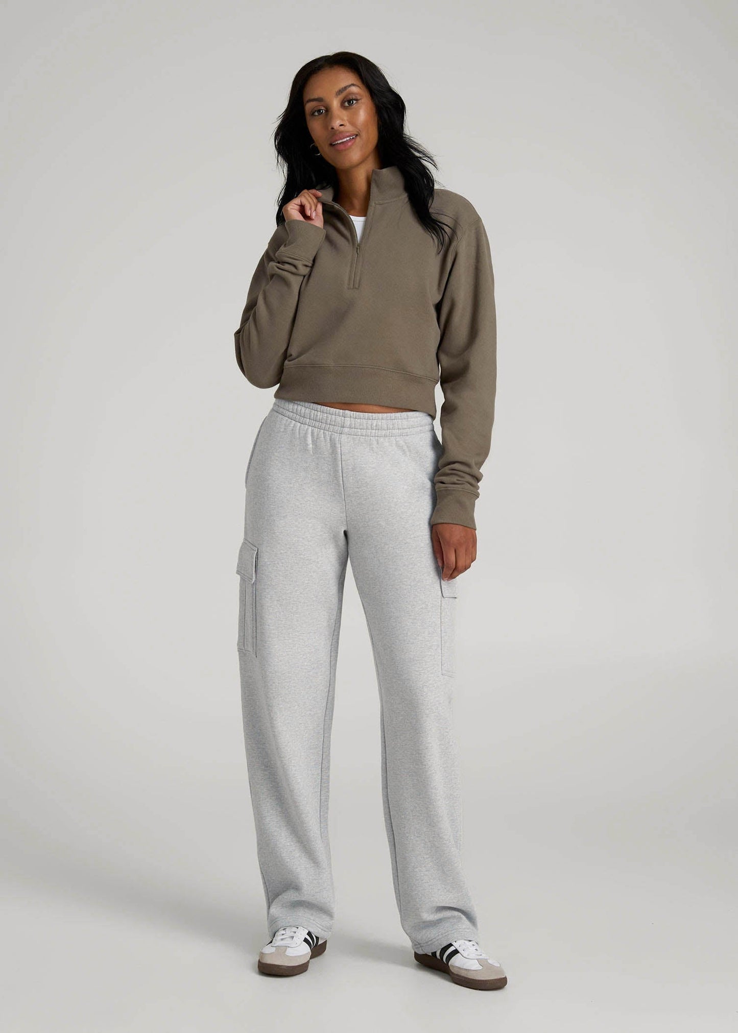 American Tall Women|Men Mid Rise Cargo Fleece Sweatpants for Tall Women in Grey Mix