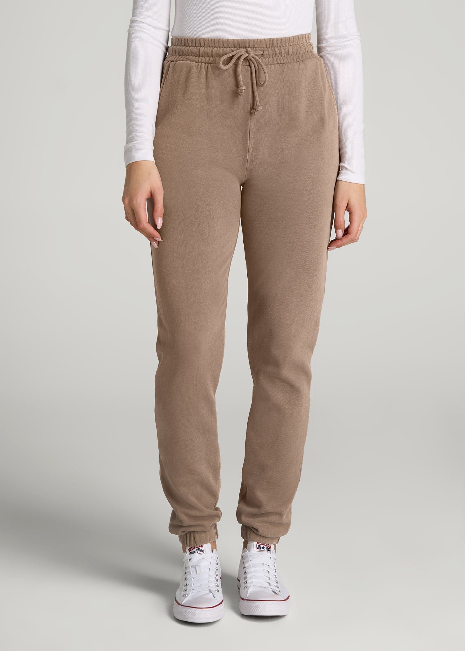 American Tall Women Wearever Fleece Slim Fit High-Waisted Garment Dye Sweatpants for Tall Women in Latte